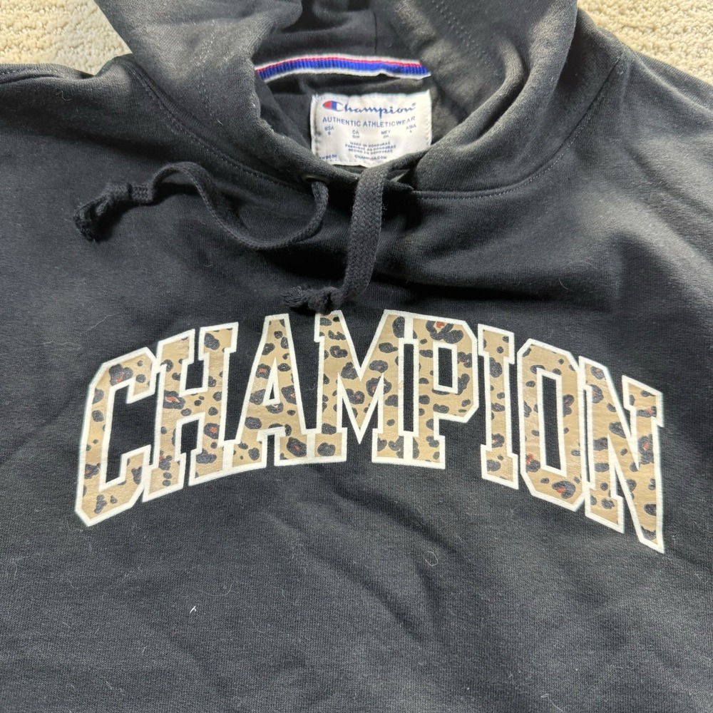 Champion Black Hoodie With Cheetah Print Logo Size Small - Picture 2 of 5